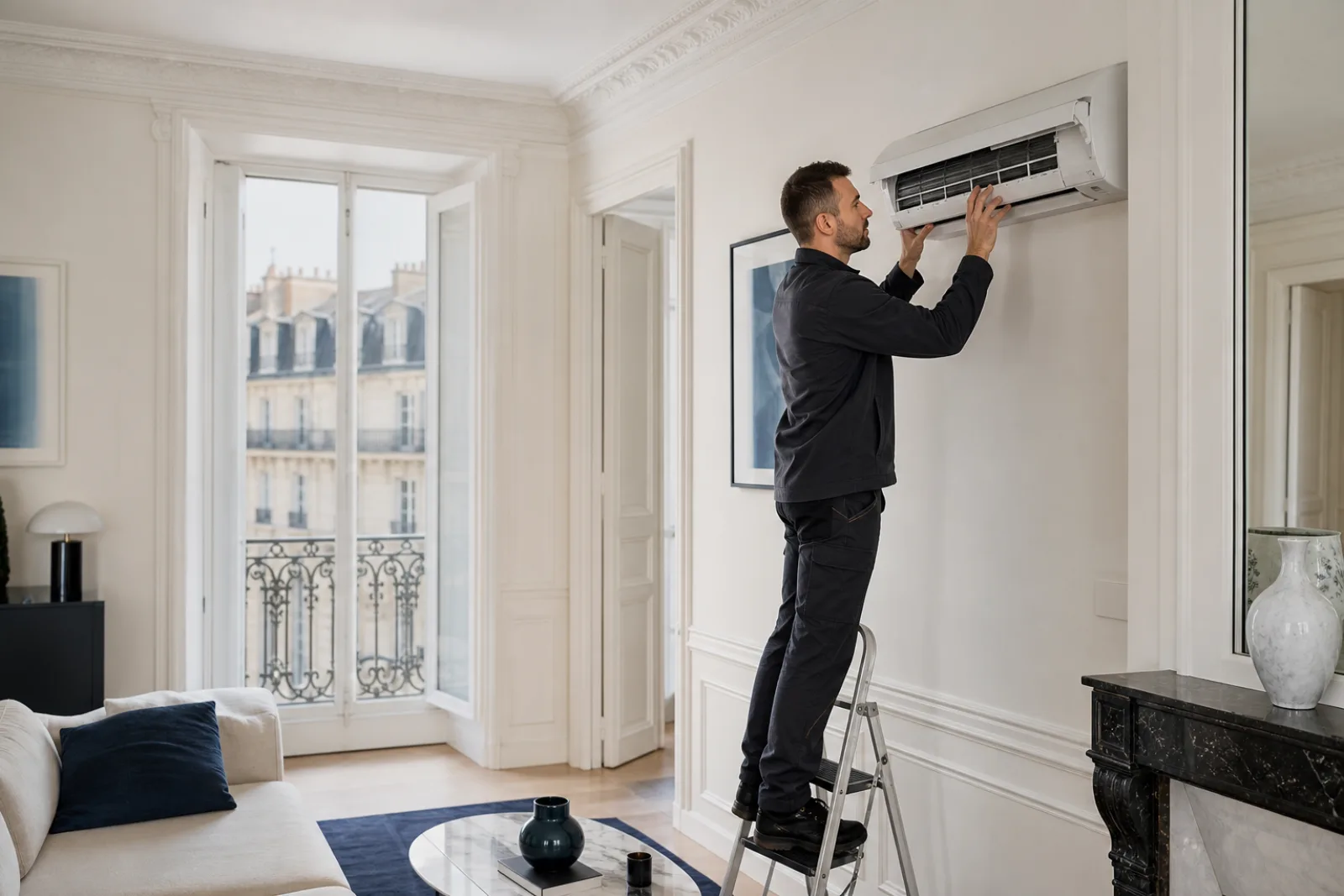 Technicien intervenant sur une climatisation dans un appartement parisien