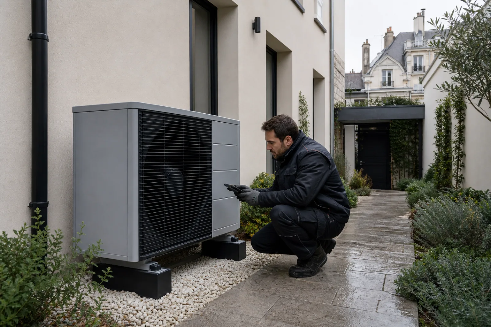 Technicien contrôlant une pompe à chaleur extérieure